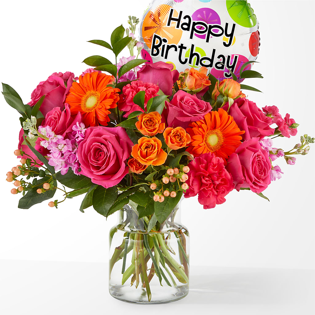 Fiesta Bouquet with Birthday Balloon – Kiss Floral Llc, Claymont DE