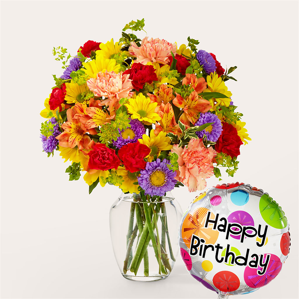 Kaleidoscope Bouquet with Birthday Balloon – Kiss Floral Llc, Claymont DE