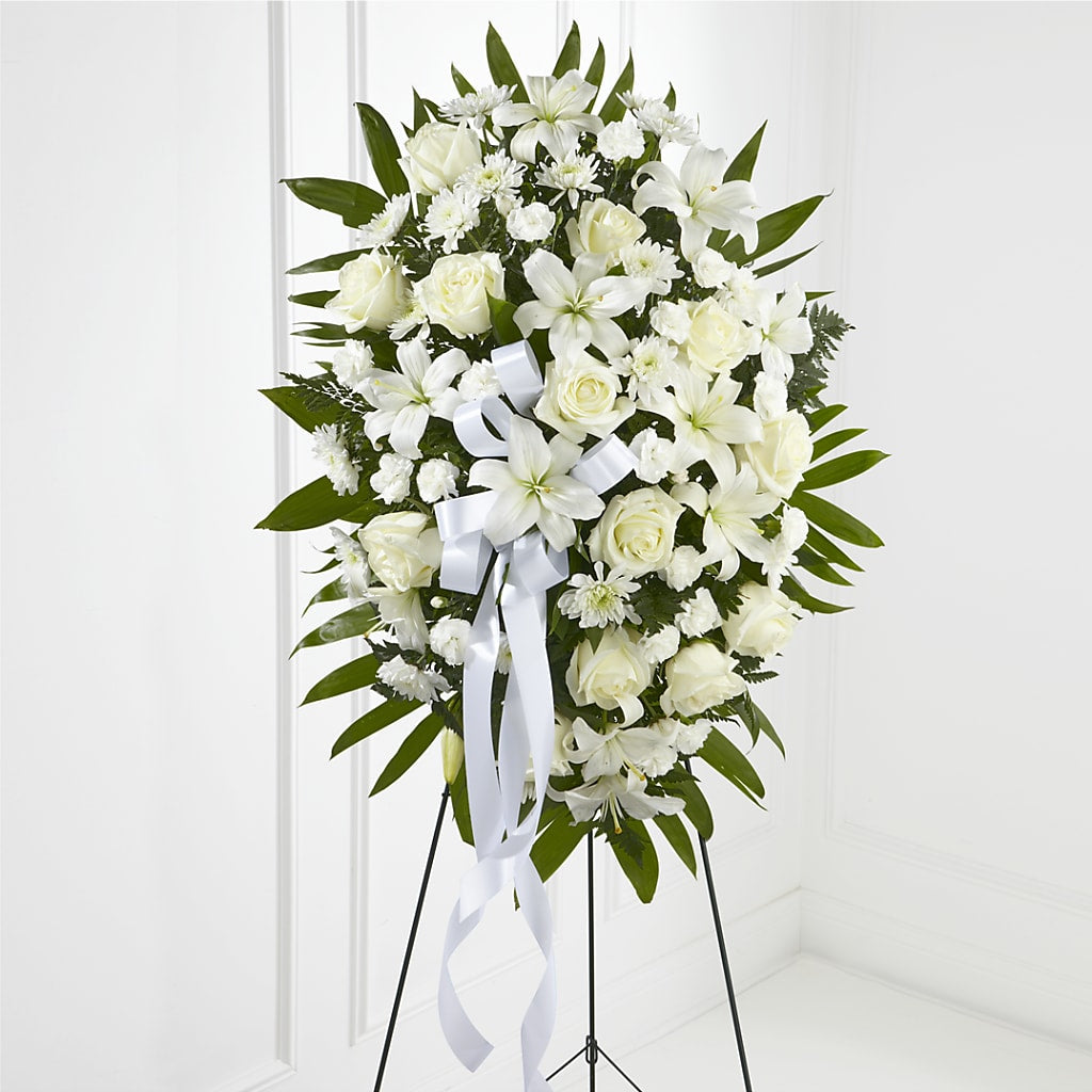 Exquisite Tribute Standing Spray-White Ribbon – Kiss Floral Llc, Claymont DE